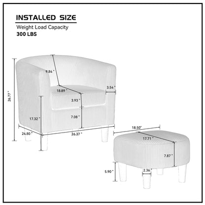 Modern Accent Chair,Upholstered Arm Chair Corduroy Single Sofa Chair with Ottoman Foot Rest Comfy Armchair for Living Room Bedroom and Office,White