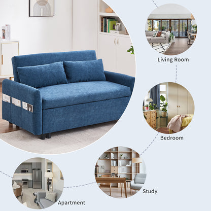 55.1" Pull Out Sleep Sofa Bed Loveseats Sofa Couch with Adjsutable Backrest, Storage Pockets, 2 Soft Pillows, USB Ports for Living Room, Bedroom, Apartment, Office, Blue (Old SKU WF307821AAC)