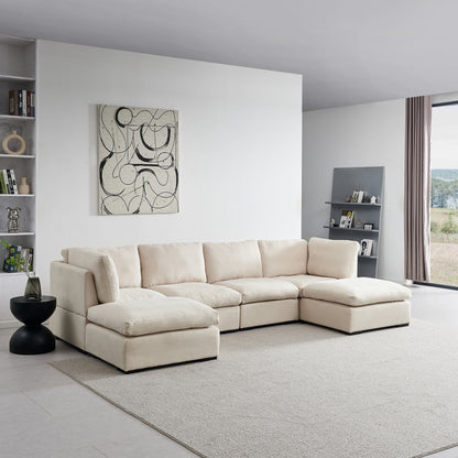 Modular Sofa with Ottoman,Filled with Down,Soft Linen Fabric,Beige