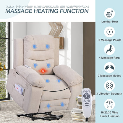 Massage Recliner,Power Lift Chair for Elderly with Adjustable Massage and Heating Function,Recliner Chair with Infinite Position and Side Pocket for Living Room,Beige