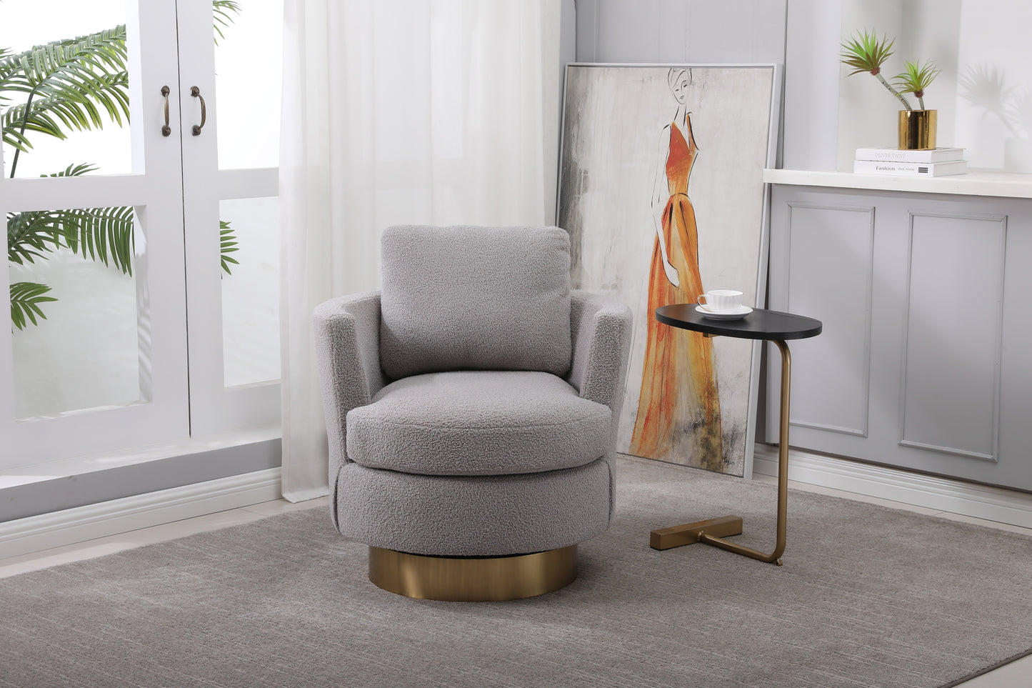 Teddy Swivel Barrel Chair, Swivel Accent Chairs Armchair for Living Room, Reading Chairs for Bedroom Comfy, Round Barrel Chairs with Gold Stainless Steel Base