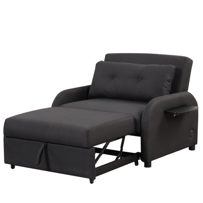 Pull out sofa sleeper 3 in 1 with 2 wing table and usb charge for nap line fabric for living room recreation room Black