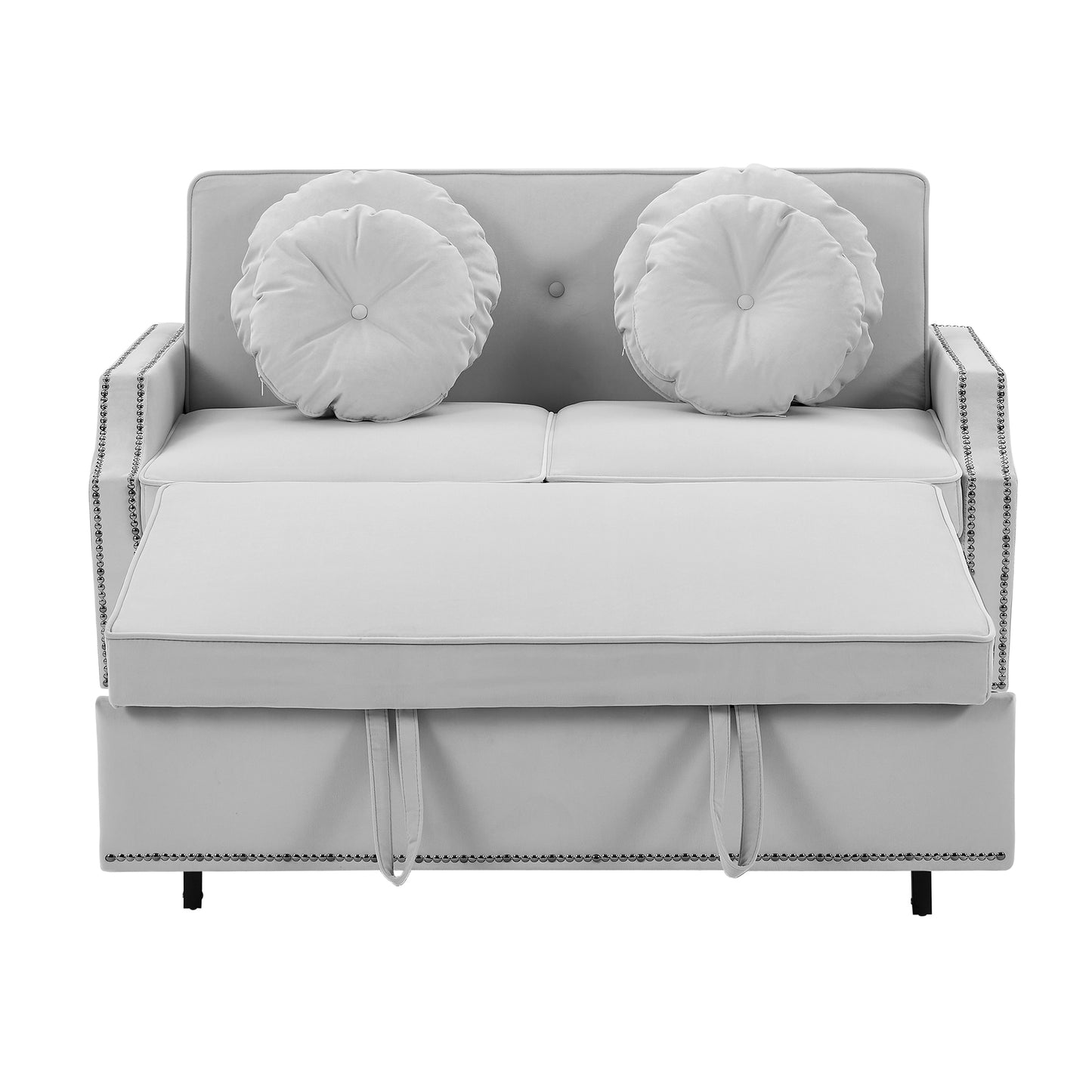 54.7" Multiple Adjustable Positions Sofa Bed Stylish Sofa Bed with a Button Tufted Backrest, Two USB Ports and Four Floral Lumbar Pillows for Living Room, Bedroom,or Small Space, Light Grey