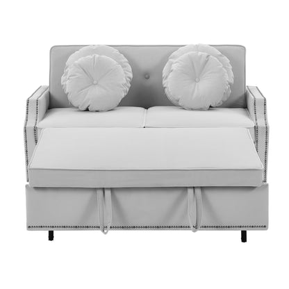 54.7" Multiple Adjustable Positions Sofa Bed Stylish Sofa Bed with a Button Tufted Backrest, Two USB Ports and Four Floral Lumbar Pillows for Living Room, Bedroom,or Small Space, Light Grey