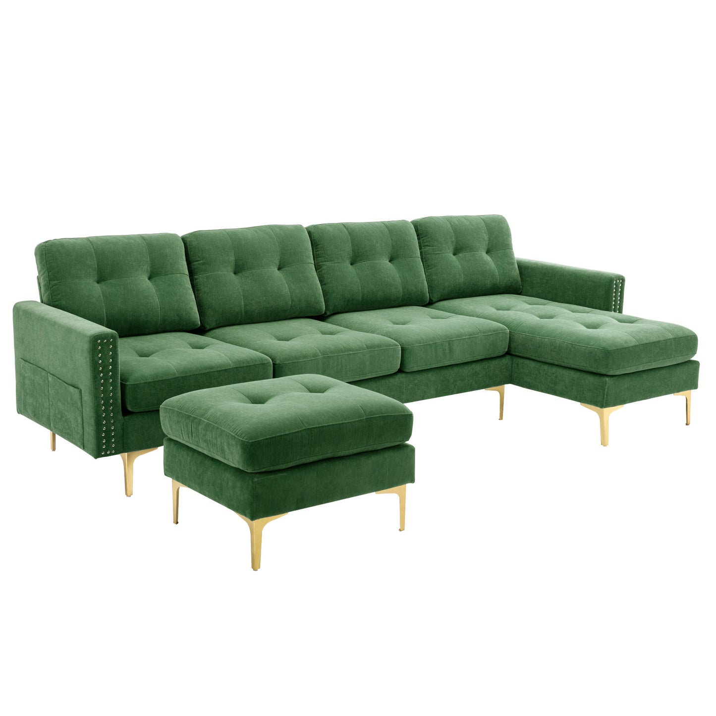 110" L-Shape Convertible Sectional Sofa Couch with Movable Ottoman for Living Room, Apartment, Office, Green