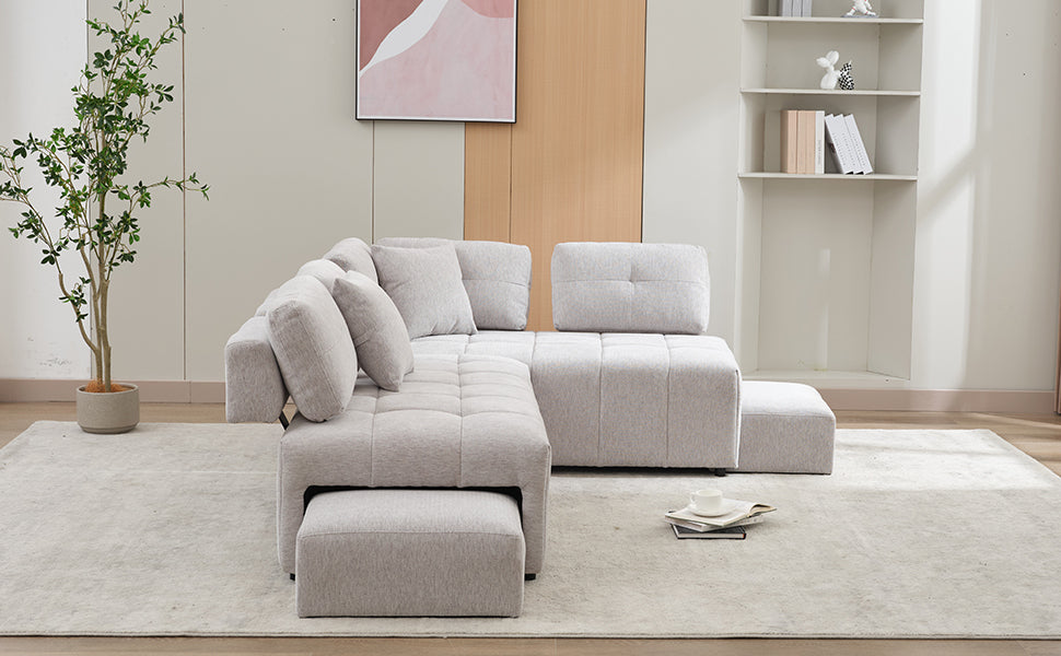 91.73" L-shaped Sofa Sectional Sofa Couch with 2 Stools and 2 Lumbar Pillows for Living Room, Light Grey