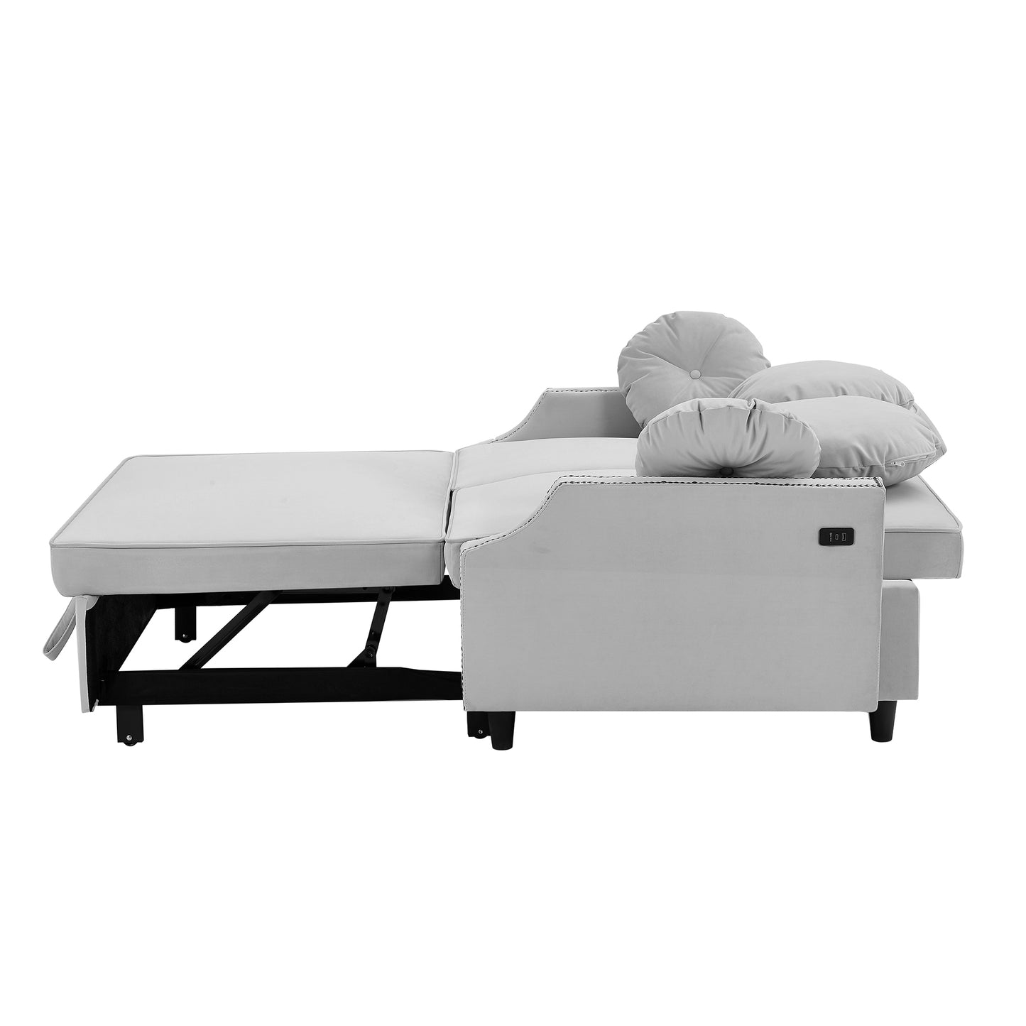 54.7" Multiple Adjustable Positions Sofa Bed Stylish Sofa Bed with a Button Tufted Backrest, Two USB Ports and Four Floral Lumbar Pillows for Living Room, Bedroom,or Small Space, Light Grey