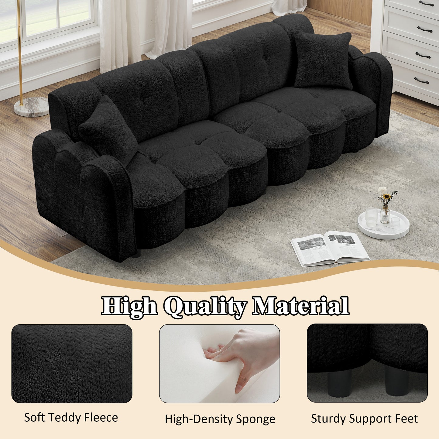 96.06 inch large teddy plush sofa for living room and entertainment space.