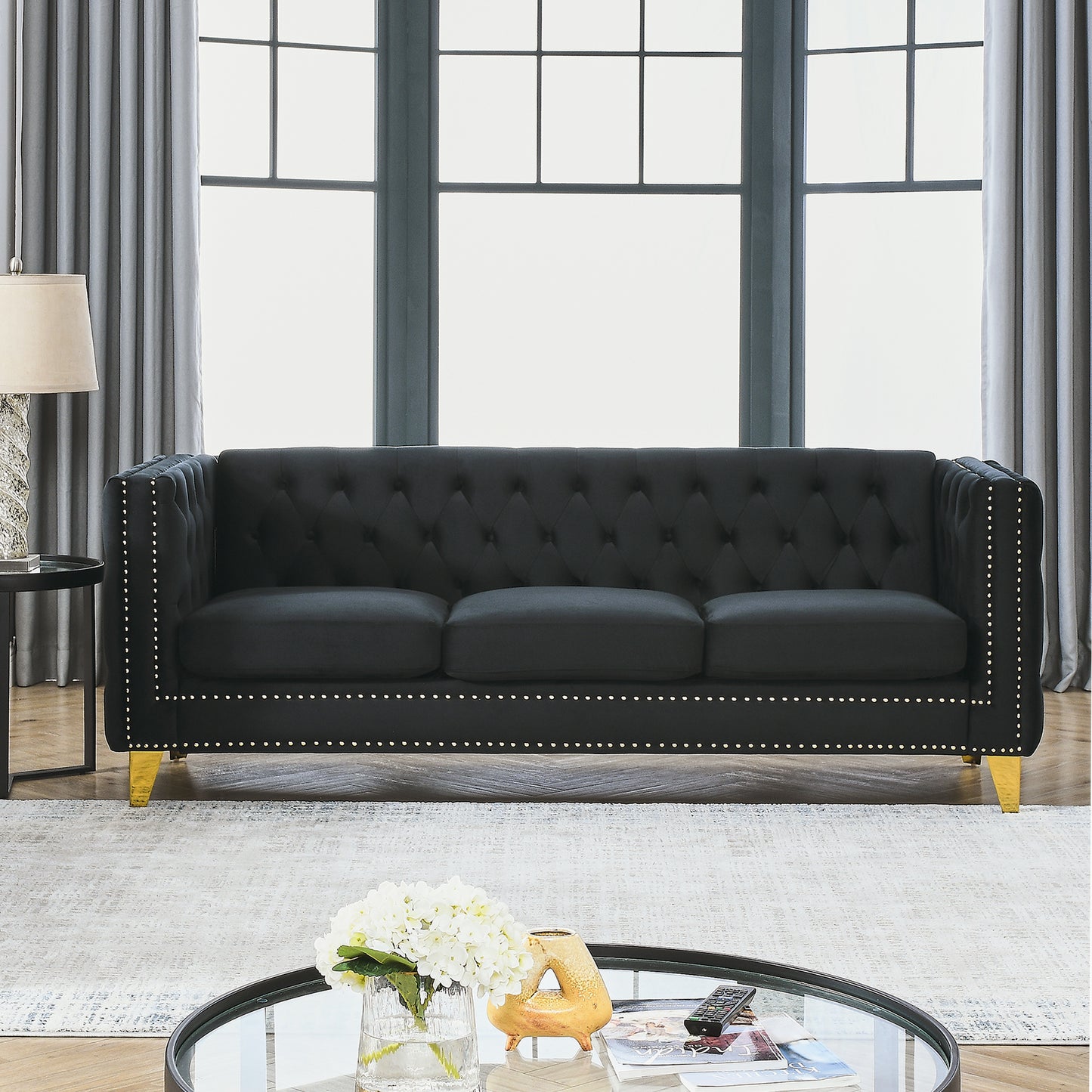 Velvet Sofa for Living Room,Buttons Tufted Square Arm Couch, Modern Couch Upholstered Button and Metal Legs, Sofa Couch for Bedroom, Black Velvet(W834S00022)