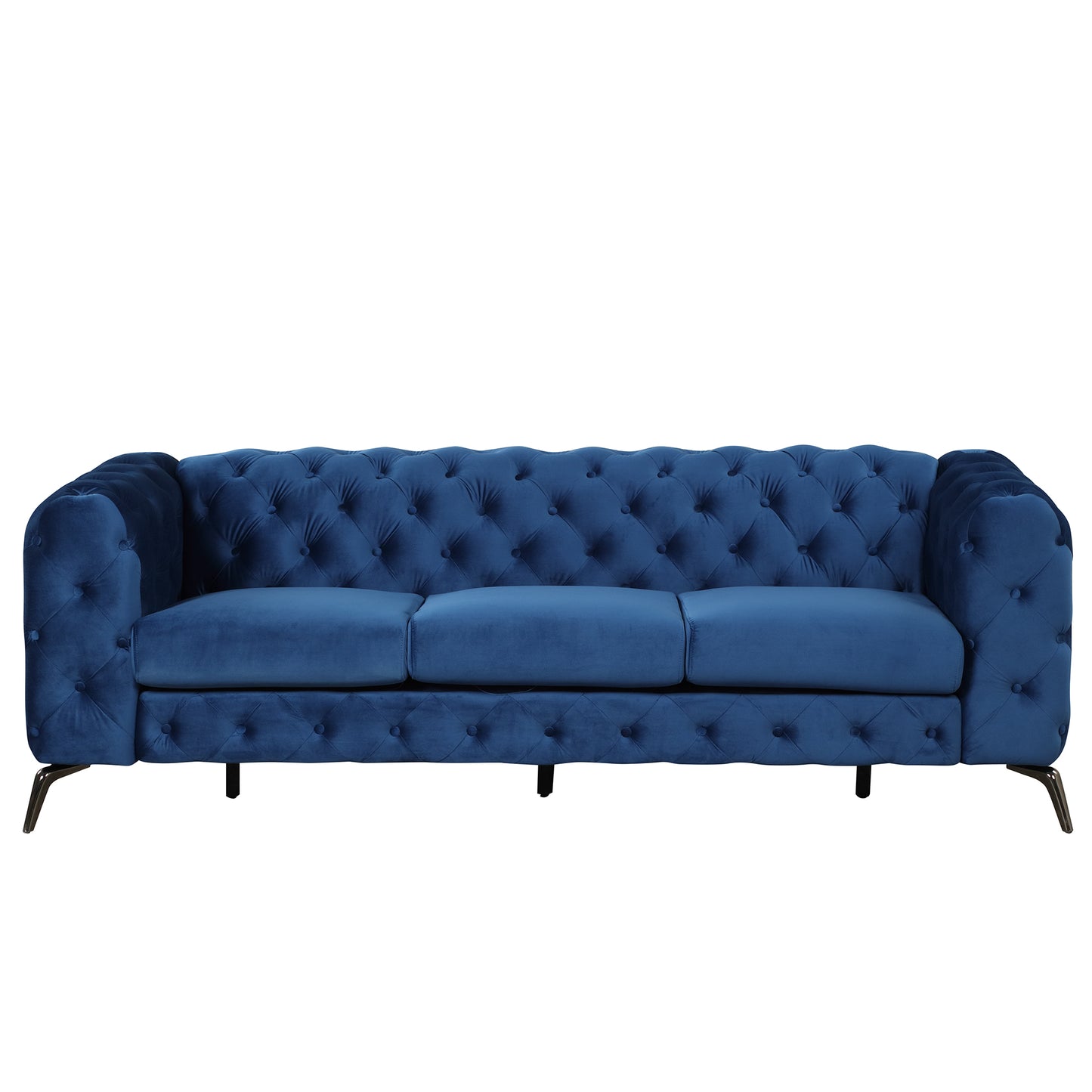 85.5" Velvet Upholstered Sofa with Sturdy Metal Legs,Modern Sofa Couch with Button Tufted Back, 3 Seater Sofa Couch for Living Room,Apartment,Home Office,Blue