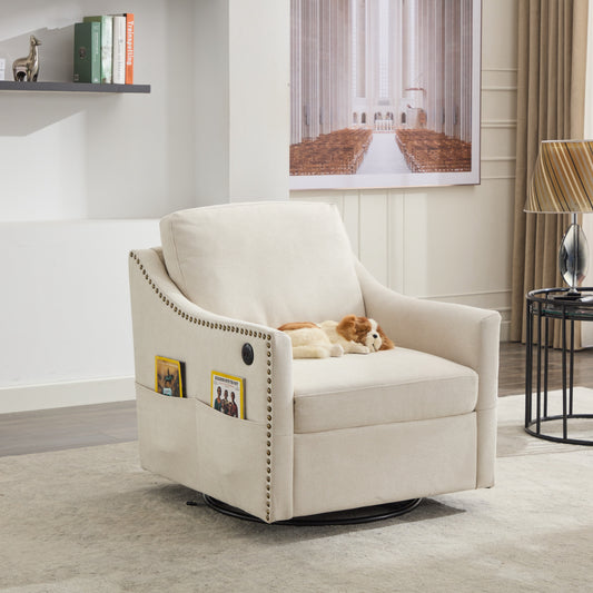 Cream white fabric swivel rotating accent chair with USB and magazine book for living room and hotel bed room