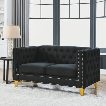 Velvet Sofa for Living Room,Buttons Tufted Square Arm Couch, Modern Couch Upholstered Button and Metal Legs, Sofa Couch for Bedroom, Black Velvet-2S