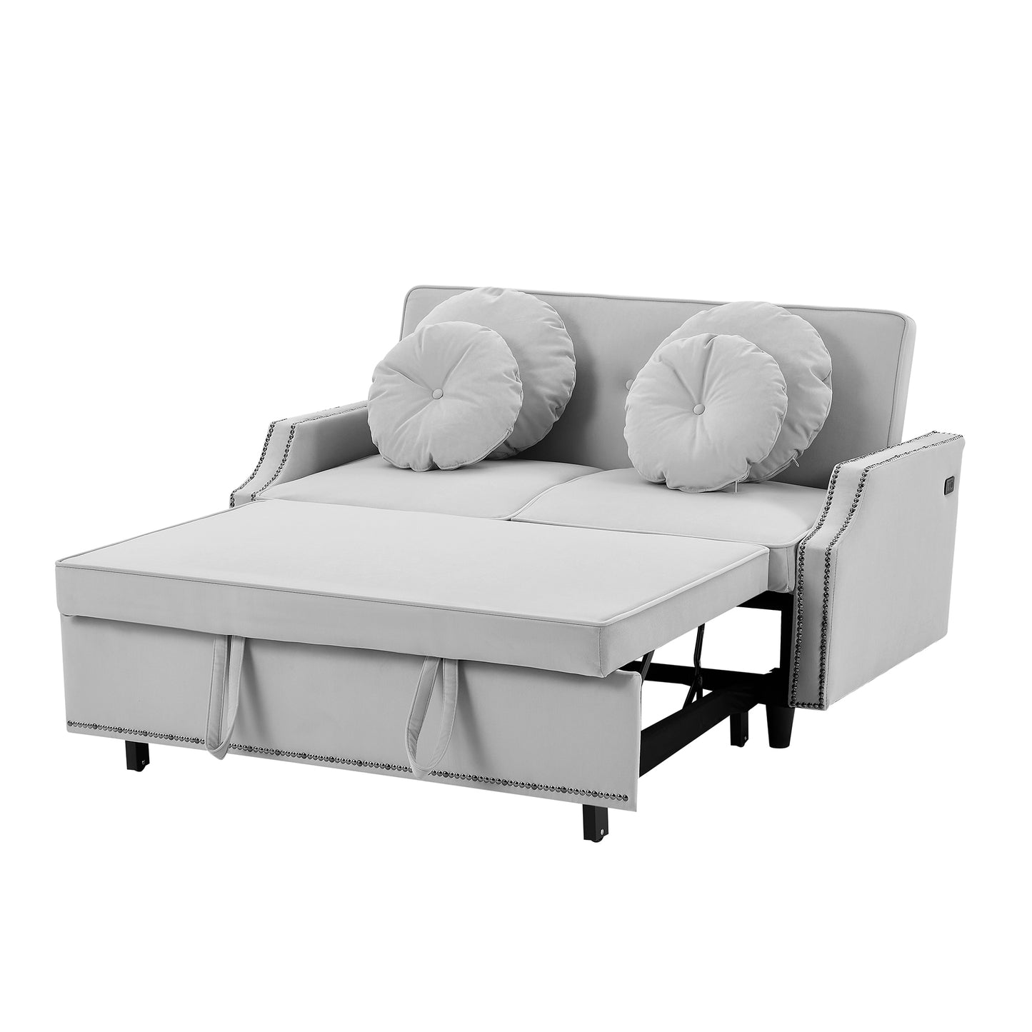 54.7" Multiple Adjustable Positions Sofa Bed Stylish Sofa Bed with a Button Tufted Backrest, Two USB Ports and Four Floral Lumbar Pillows for Living Room, Bedroom,or Small Space, Light Grey