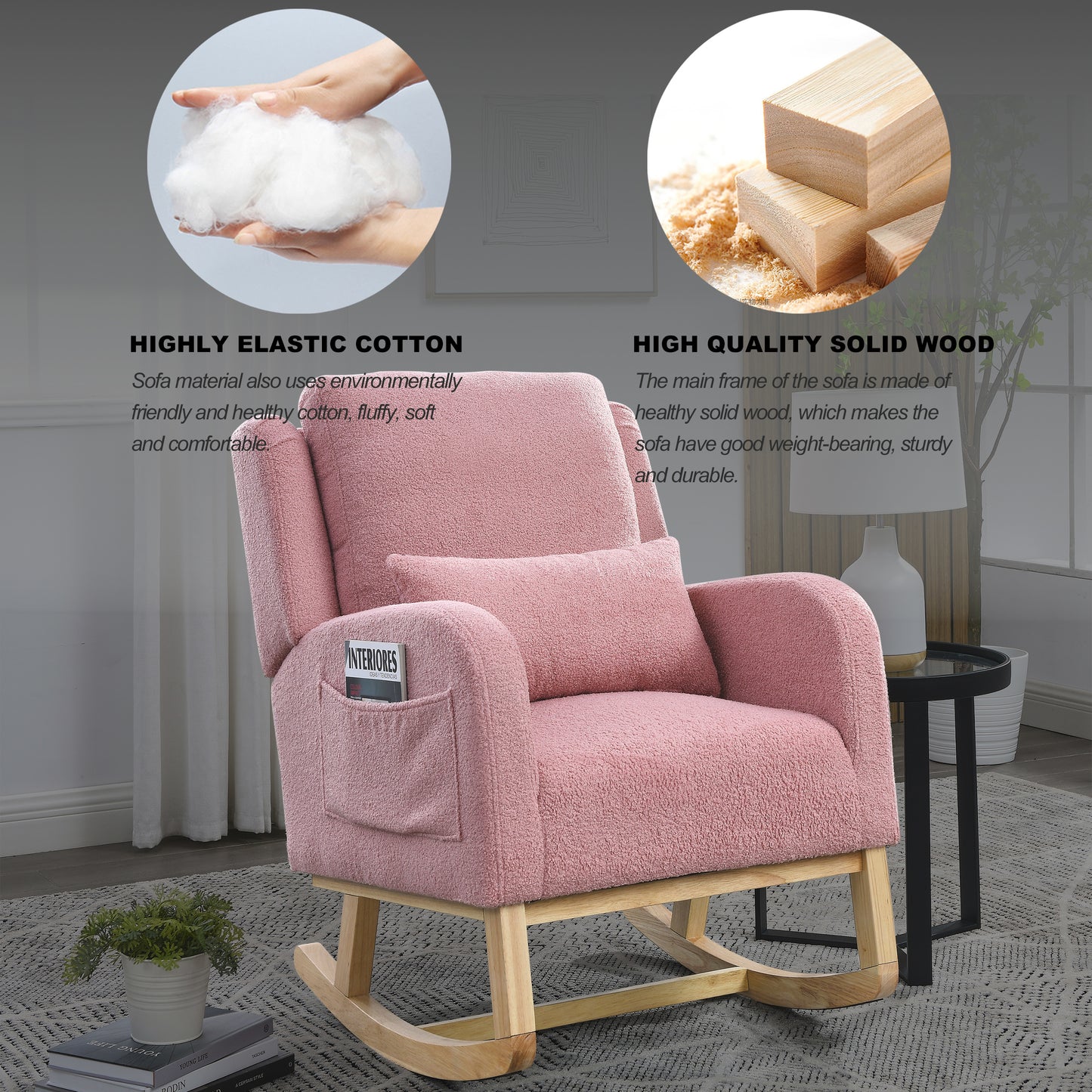 27.5 "W Modern Accent High Back Living Room Casual Armchair Rocker with One Lumbar Pillow, Two Side Pockets,Teddy.