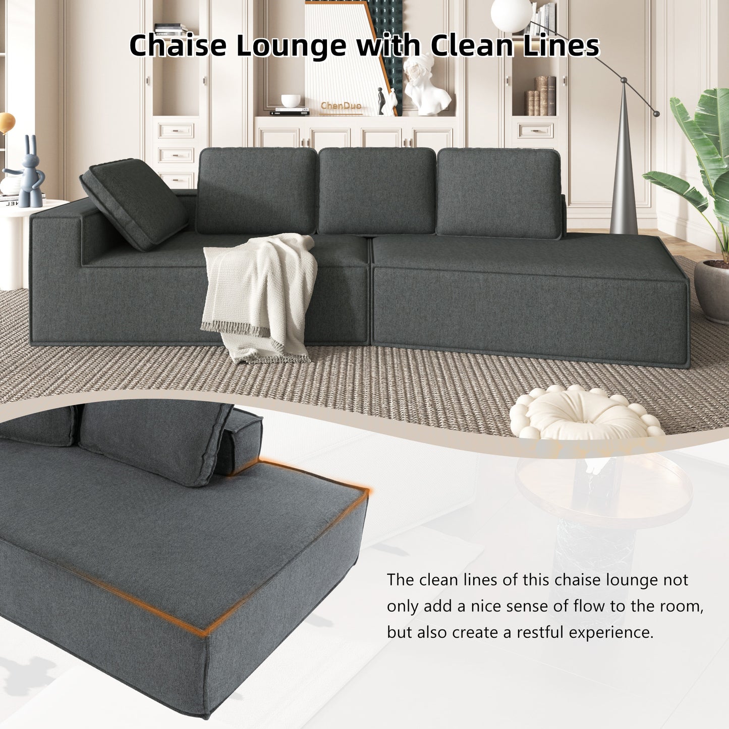 125" Stylish Chaise Lounge Modern Indoor Lounge Sofa Sleeper Sofa with Clean Lines for Living Room, Grey