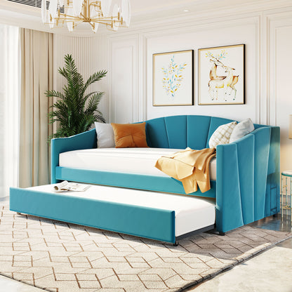 Upholstered Daybed Sofa Bed Twin Size With Trundle Bed and Wood Slat,Blue