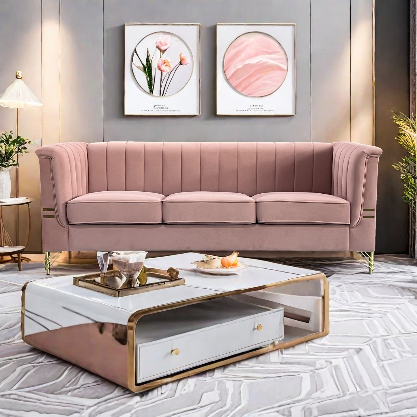 Modern Designs Velvet Upholstered Living Room Sofa, 3 Seat Sofa Couch with Golden Metal Legs for Home, Apartment or Office Pink SOFA