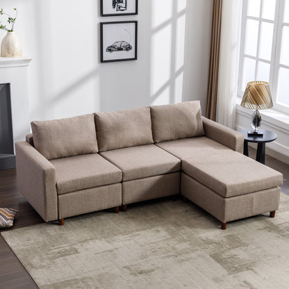 3 Seat Module Sectional Sofa Couch With 1 Ottoman for living room,Seat Cushion and Back Cushion Non-Removable and Non-Washable,Brown