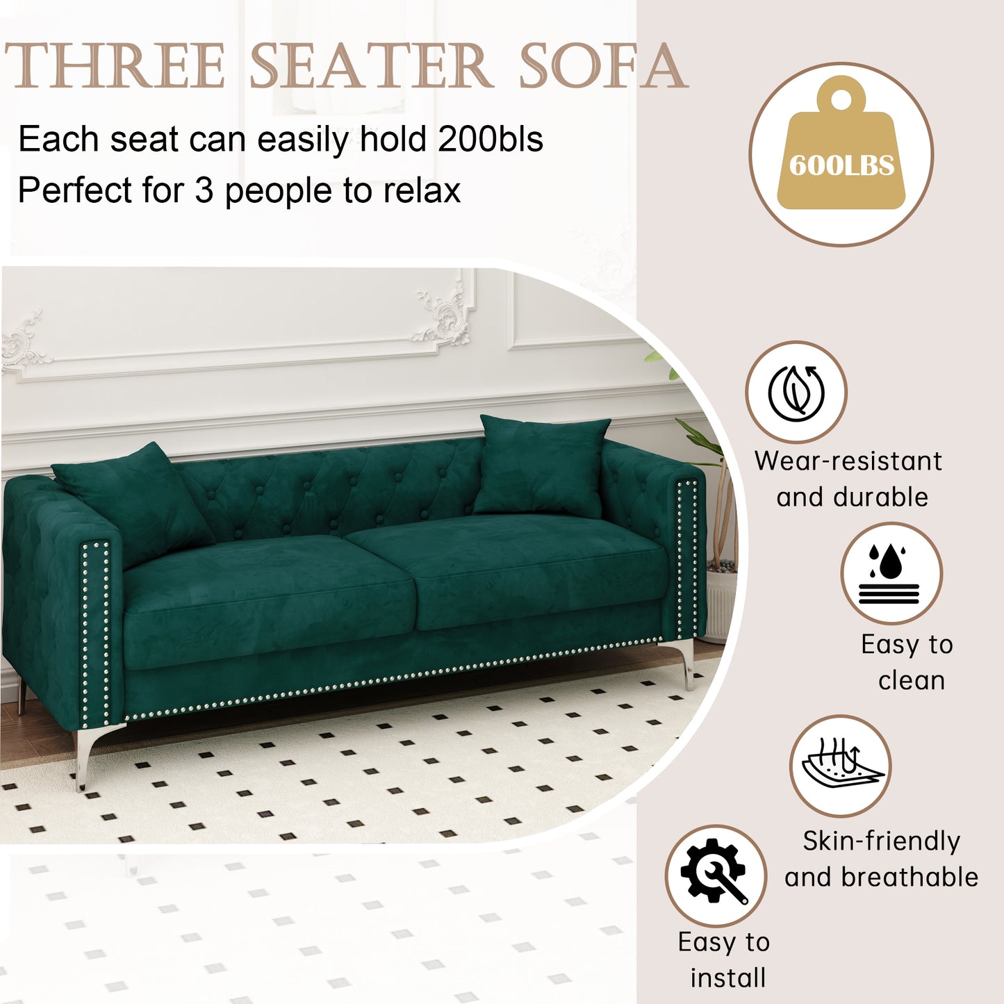 Sofa includes 2 pillows, 83 "green velvet triple sofa for small Spaces