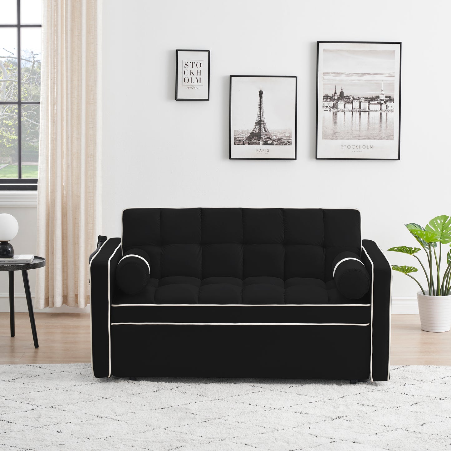 Sleeper Sofa Couch w/Pull Out Bed, 55" Modern Velvet Convertible Sleeper Sofa Bed, Small Love seat Sofa Bed w/Pillows & Side Pockets for Small Space, Living Room, Apartment,Black