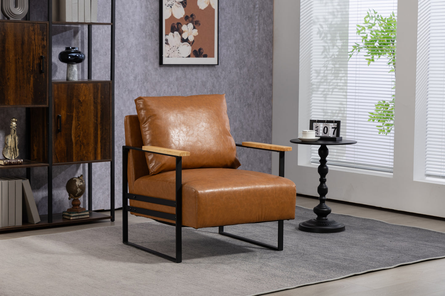 Leather Accent Chair Guest Chair for Living Room, Mid Century Armchair for Bedroom (Brown Leather)