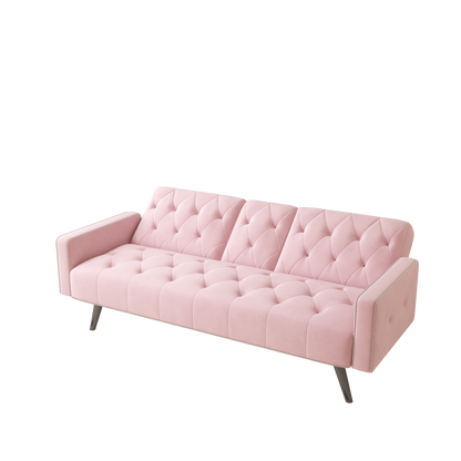 1730 Sofa Bed Armrest with Nail Head Trim with Two Cup Holders 72" Pink Velvet Sofa for Small Spaces