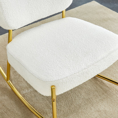 Teddy suede material cushioned rocking chair, unique rocking chair, cushioned seat, white rocking chair with backrest and golden metal legs. Comfortable side chairs in living room, bedroom, office