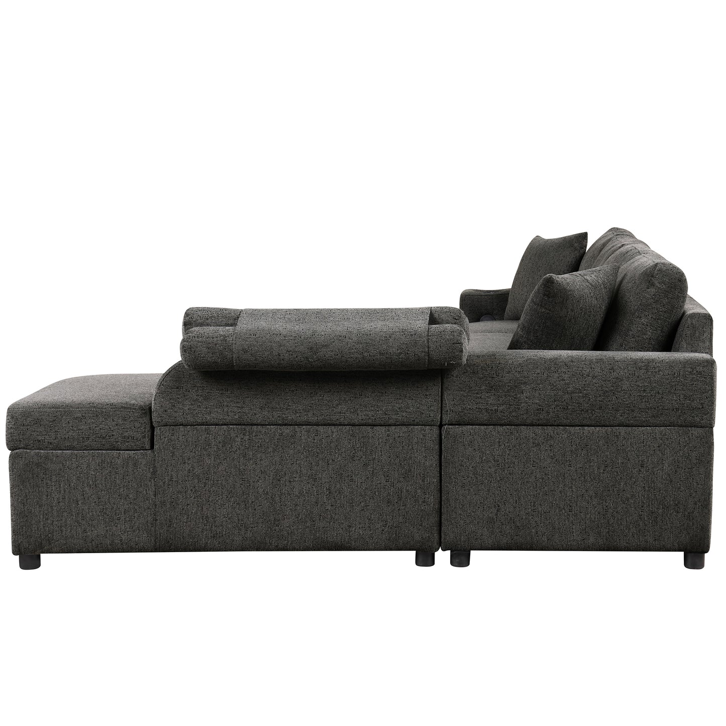 109.8"L-shaped Couch Sectional Sofa with Storage Chaise,Cup Holder and USB Ports for Living Room, Black