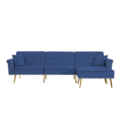 Modern Velvet Upholstered Reversible Sectional Sofa Bed, L-Shaped Couch with Movable Ottoman and Nailhead Trim For Living Room. (Blue)