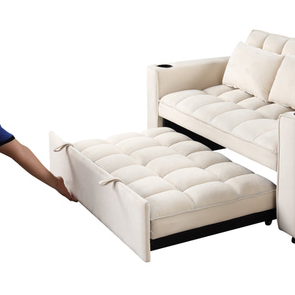 58" 4-1 Multi-functional Sofa Bed with Cup Holder and USB Port for Living Room or Apartments Milky White