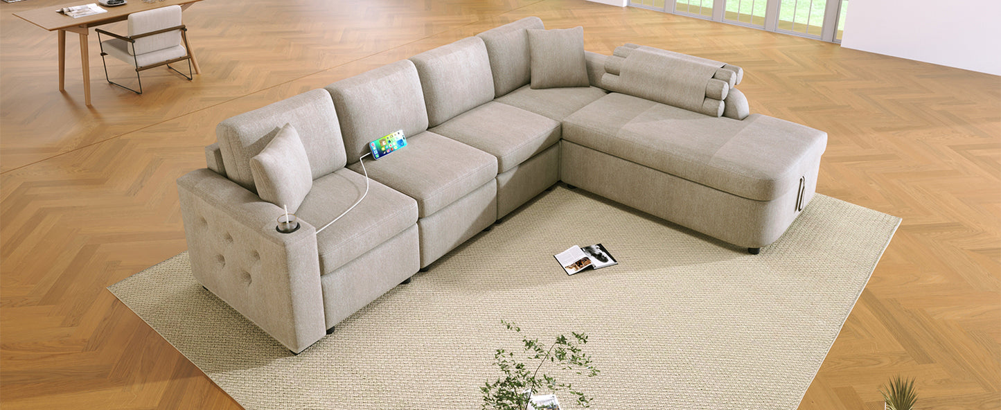 109.8"L-shaped Couch Sectional Sofa with Storage Chaise,Cup Holder and USB Ports for Living Room, Beige