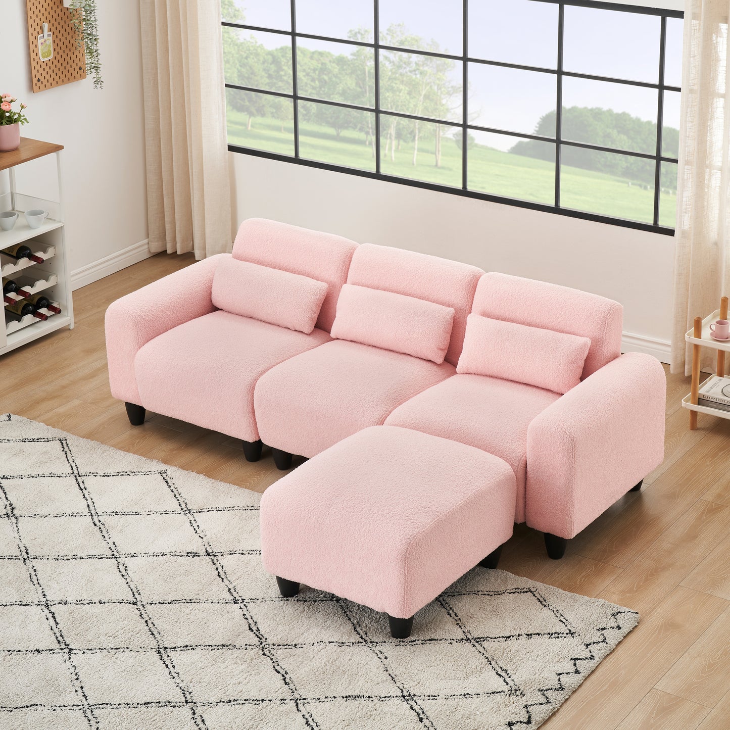 The 84.6-inch pink teddy fleece creative sofa can be assembled into a two-seater sofa plus a single couch with three waist pillows to perfectly stretch your waist for small apartment bedroom Spaces