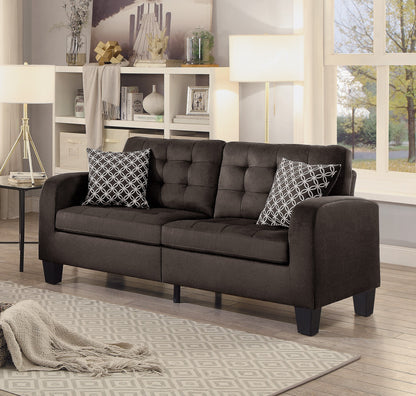 Chocolate Brown Contemporary Sofa 1pc Tufted Detail Textured Fabric Upholstered 2 Pillows Solid Wood Living Room Furniture