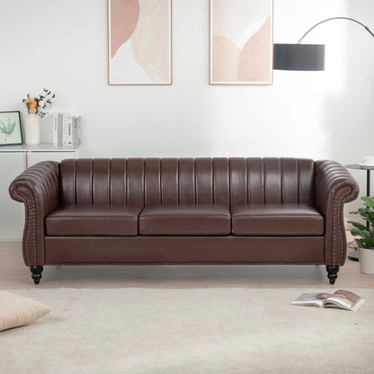 83.46'' Brown PU Rolled Arm Chesterfield Three Seater Sofa.