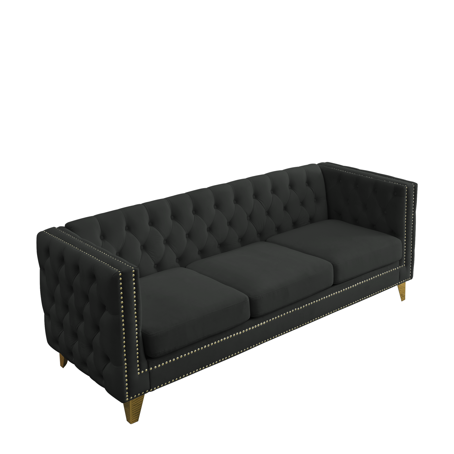 Velvet Sofa for Living Room,Buttons Tufted Square Arm Couch, Modern Couch Upholstered Button and Metal Legs, Sofa Couch for Bedroom, Black Velvet(W834S00022)