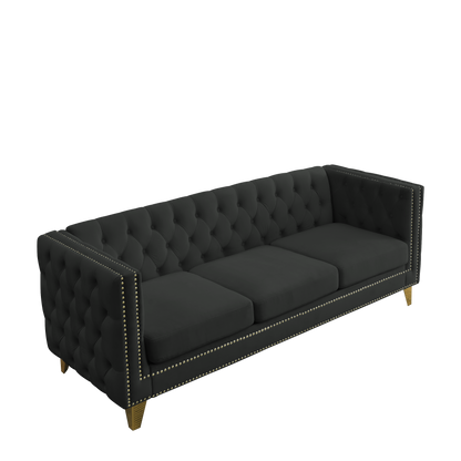 Velvet Sofa for Living Room,Buttons Tufted Square Arm Couch, Modern Couch Upholstered Button and Metal Legs, Sofa Couch for Bedroom, Black Velvet(W834S00022)