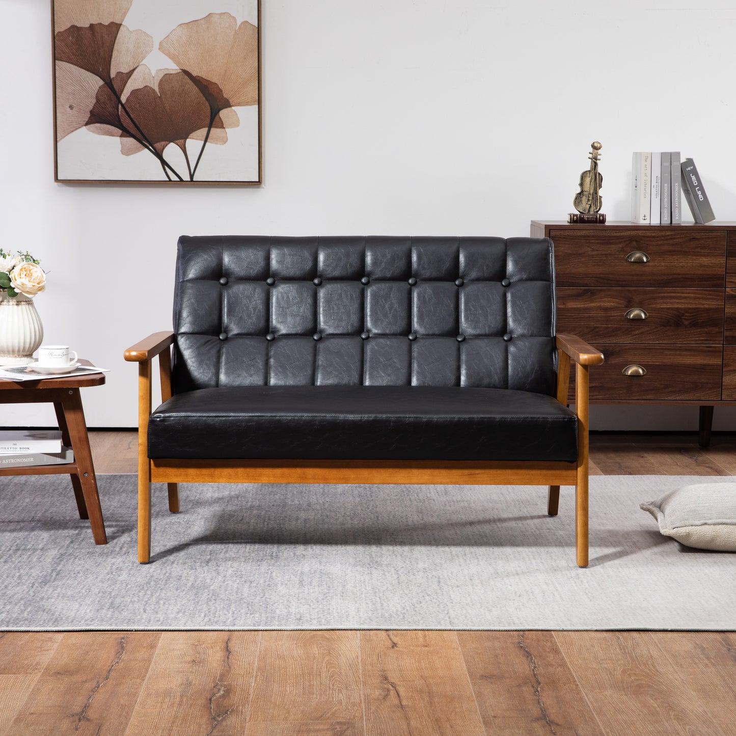 Mid-Century Modern Solid Loveseat Sofa Upholstered Pu Leather Loveseat, 2-Seat Upholstered Loveseat Sofa Modern Couch