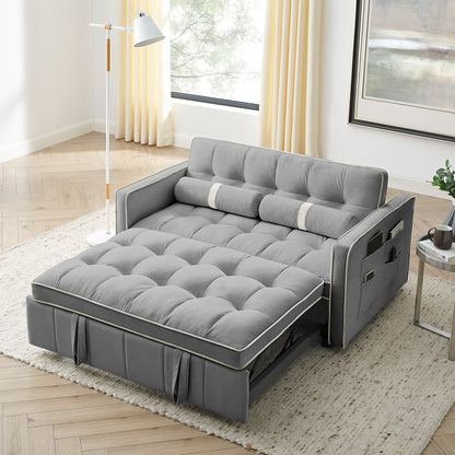 Modern 55.5" Pull Out Sleep Sofa Bed 2 Seater Loveseats Sofa Couch with side pockets, Adjsutable Backrest and Lumbar Pillows for Apartment Office Living Room