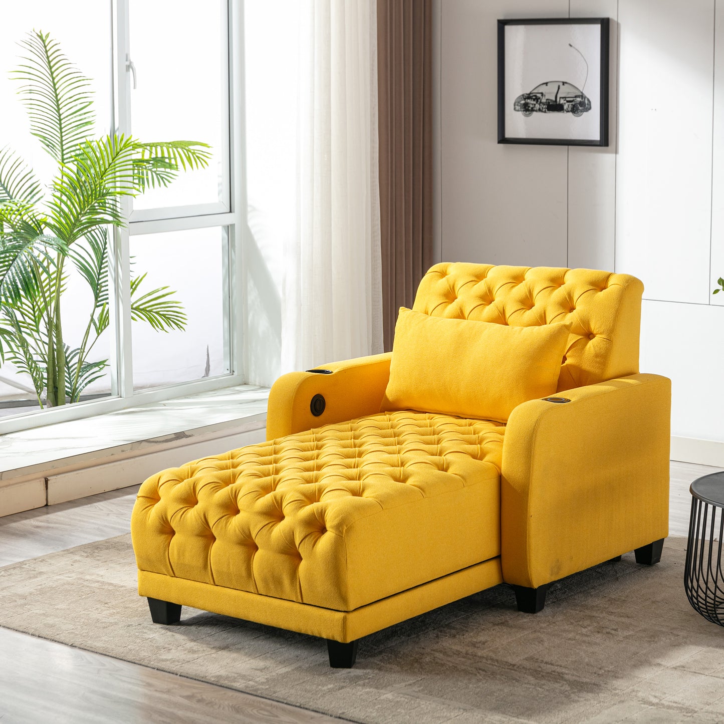 Multifunctional Living Room Leisure Chaise Lounge Barry Tufted Comfy Armchair Wireless Charging, Smooth Reclining Backrest & Lumbar Pillow for Home Apartment (Yellow linen)