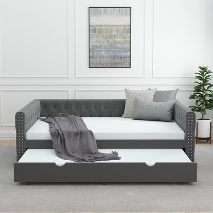 Daybed with Trundle Velvet Upholstered Tufted Sofa Bed, with Button and Copper Nail onSquare Arms,Full Daybed & Twin Trundle- For Bedroom, Living Room, Guest Room,(83"x57"x26")