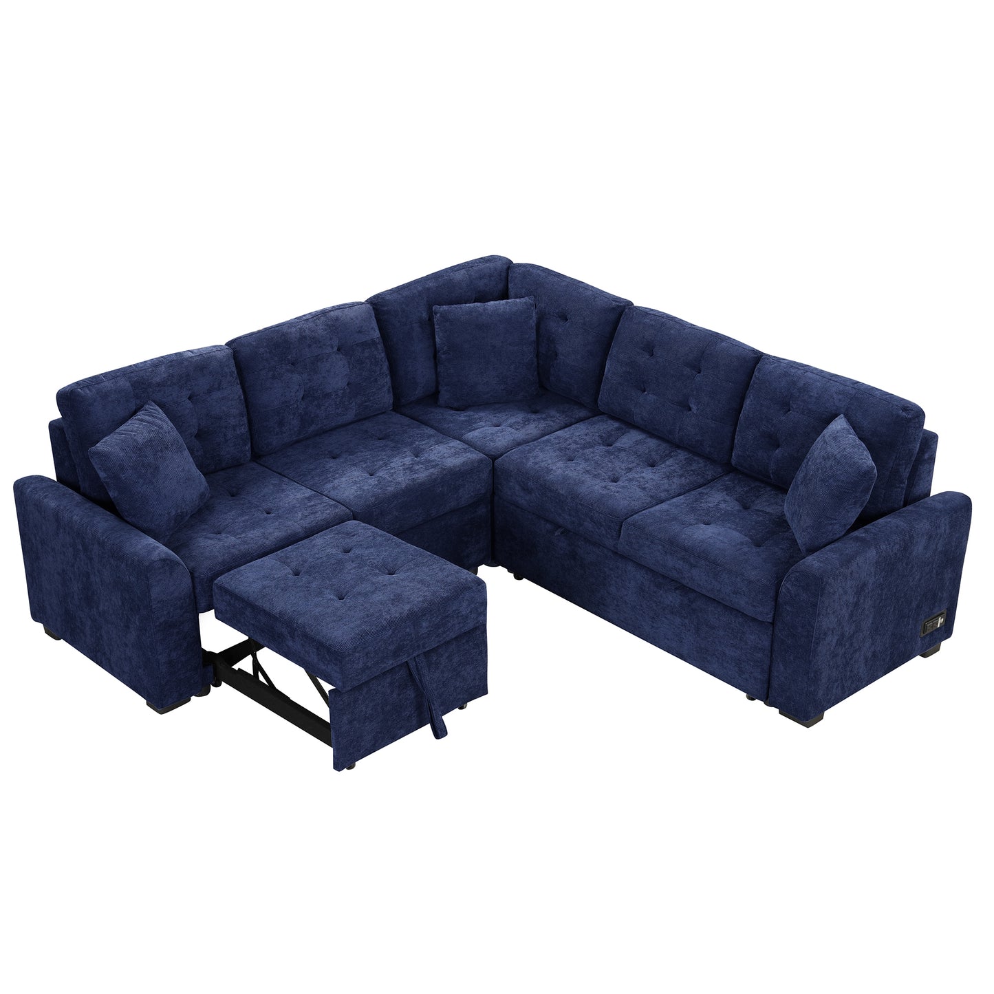 82.6" L-shape Sofa Bed Pull-out Sleeper Sofa with Wheels, USB Ports, Power Sockets for Living Room, Navy Blue