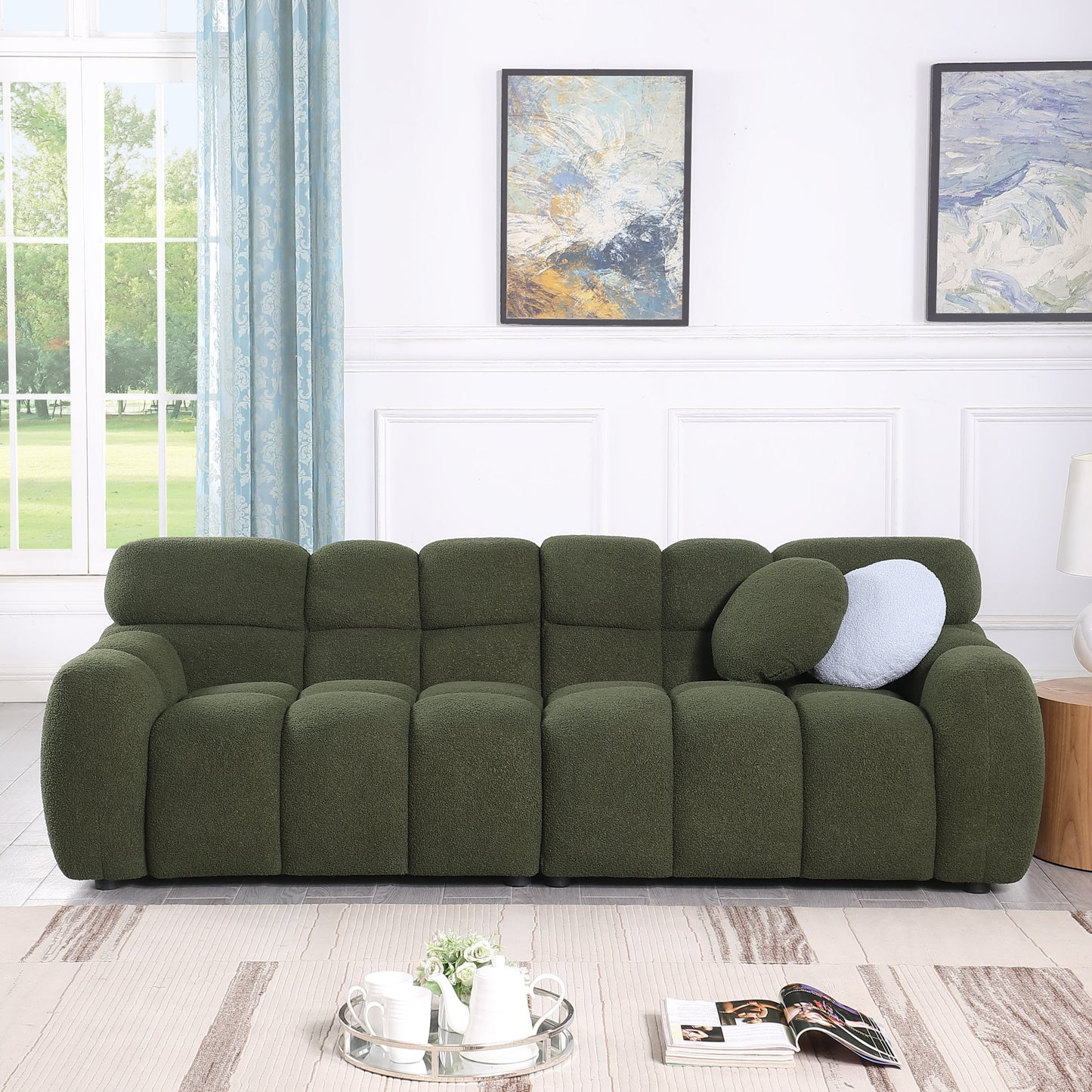 87.4 length,35.83" deepth,human body structure for USA people, marshmallow sofa,boucle sofa,3 seater, OLIVE GREEN BOUCLE