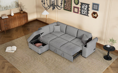 Sleeper Sectional Sofa, L-Shape Corner Couch Sofa-Bed with Storage Ottoman & Hidden Arm Storage & USB Charge for Living Room Apartment, Gray