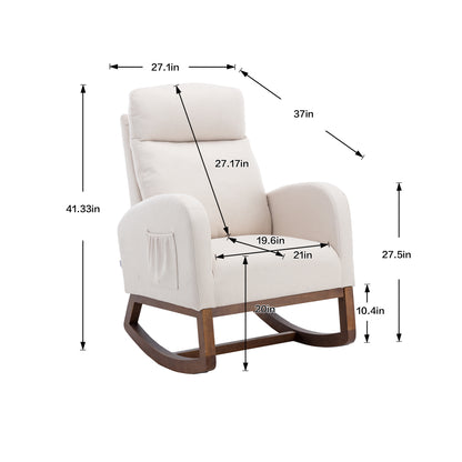 Rocking Chair, Modern Glider Chair, Recliner Armchair with Wood Legs and Side Pocket, Nursery Rocking Accent Chair with High Back for Living Room Bedroom (Beige linen)