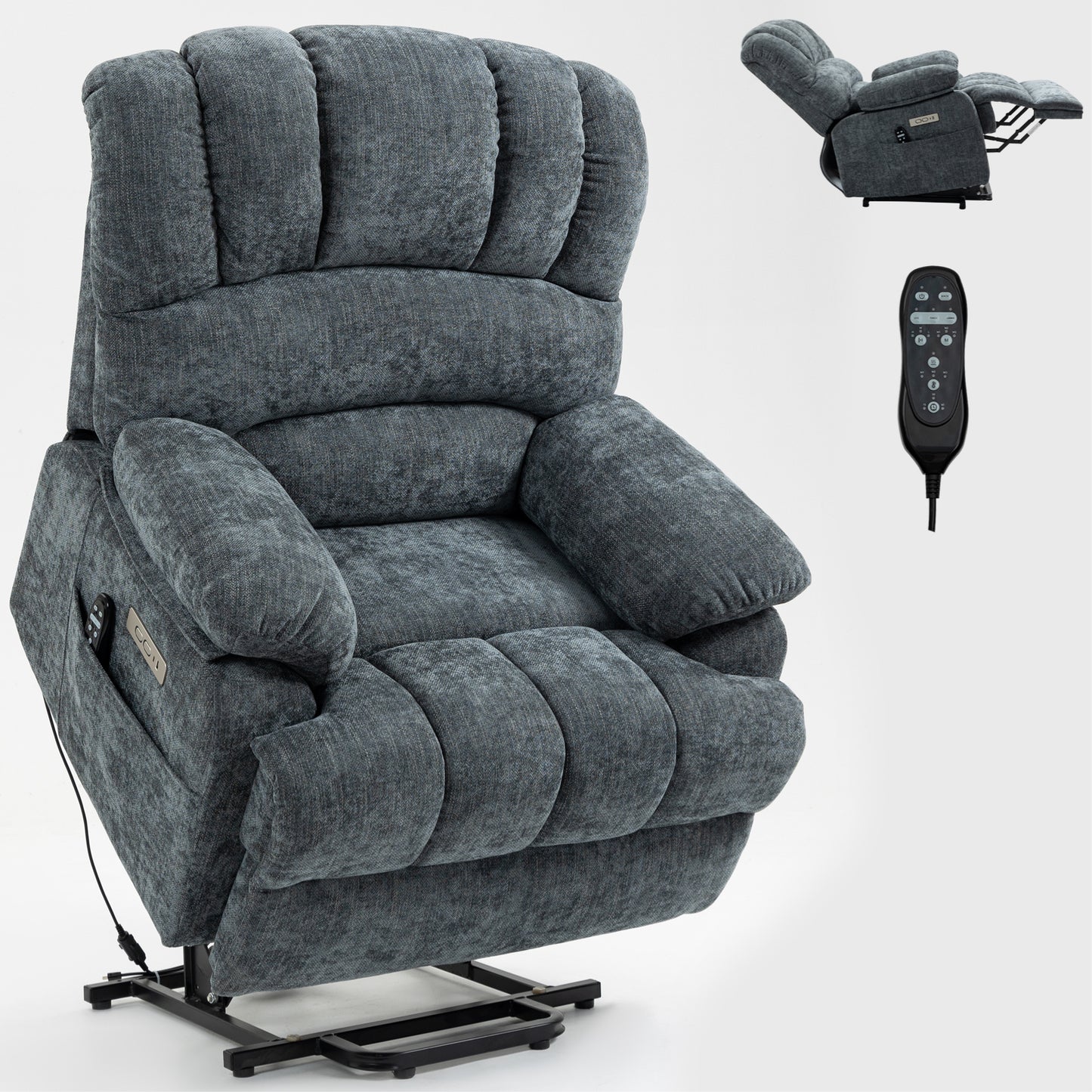 23" Seat Width and High Back Large Size Blue Chenille Power Lift Recliner Chair with 8-Point Vibration Massage and Lumbar Heating