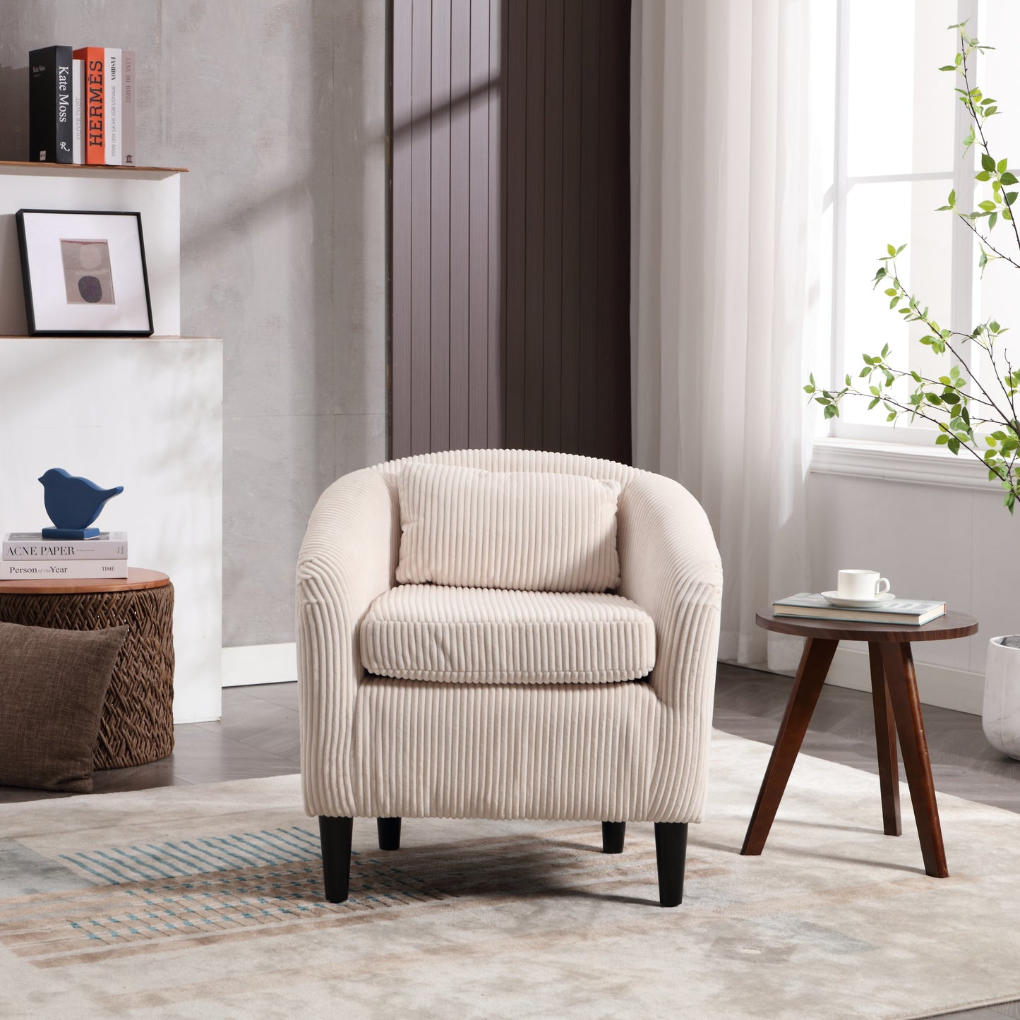 Living Room Accent Barrel Chair, Century Modern Style Decorative Chair, Armchair for Living Room with Thick Cushions and Pillows, Comfy Single Sofa Chair, Chair with Wooden Legs,Beige