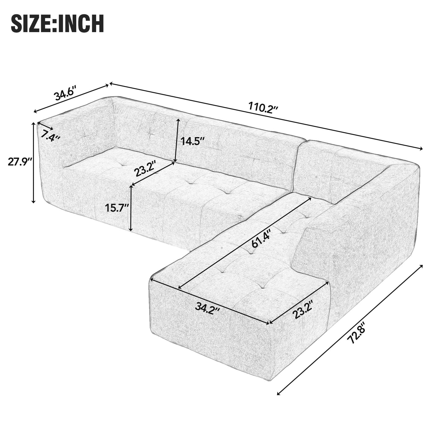 110.2*72.8" Modular Modular Combination Living Room Sofa Set, Modern Minimalist Sofa, Living Room Upholstered Sofa Bed, Bedroom, 2pcs Computer Free Combination, L-Shaped,Light Grey