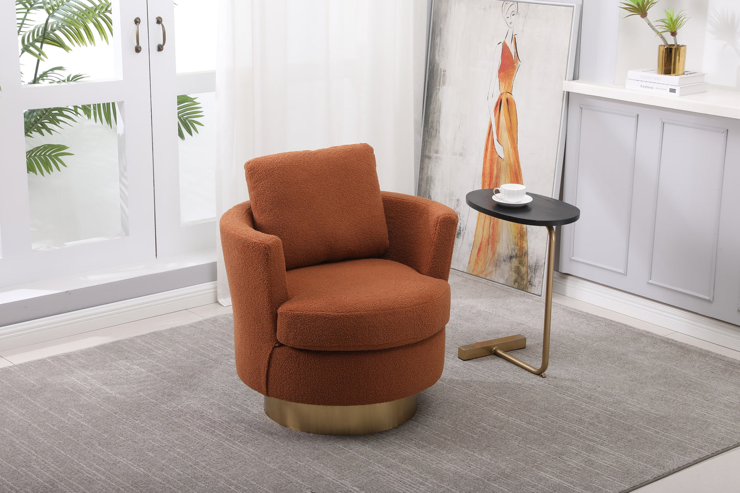 Teddy Swivel Barrel Chair, Swivel Accent Chairs Armchair for Living Room, Reading Chairs for Bedroom Comfy, Round Barrel Chairs with Gold Stainless Steel Base