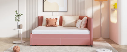 Full Size Upholstered Daybed with 2 Storage Drawers Sofa Bed Frame No Box Spring Needed, Linen Fabric (Pink)