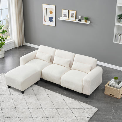 The 84.6-inch beige teddy fleece creative sofa can be assembled into a two-seater sofa plus a single couch with three waist pillows to perfectly stretch your waist for small apartment bedroom Spaces